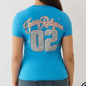 True Religion Women's Sporty Crystal V-Neck T-Shirt Small